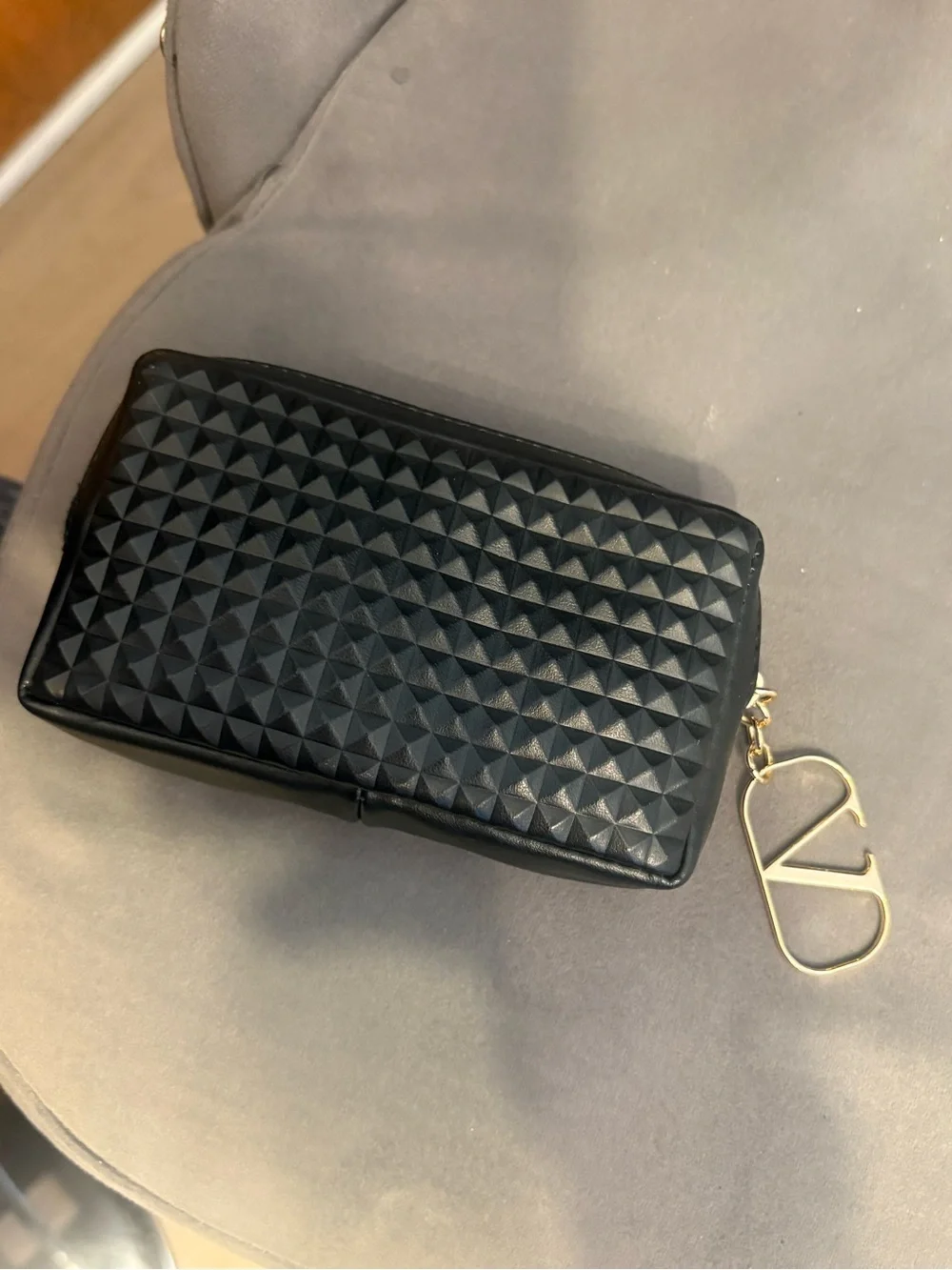 Valentino Black Quilted Rockstud Zip Card & Key Holder with Gold V Charm